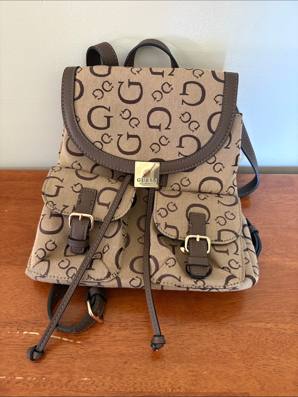 Guess Beige & Brown Monogram Mini Backpack